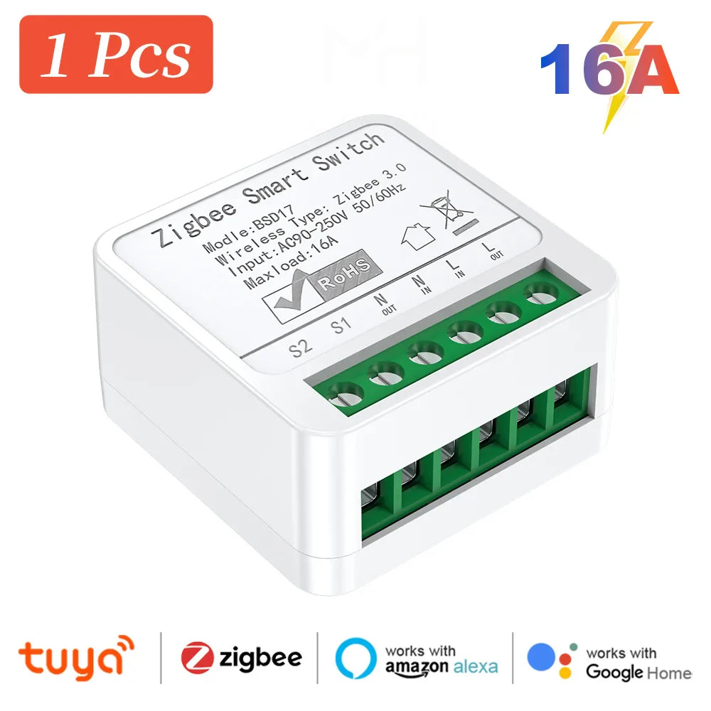 Zigbee2MQTT Zigbee3.0 Mini Smart Light Switch - 2 Way 16A Module, Google Home Compatible