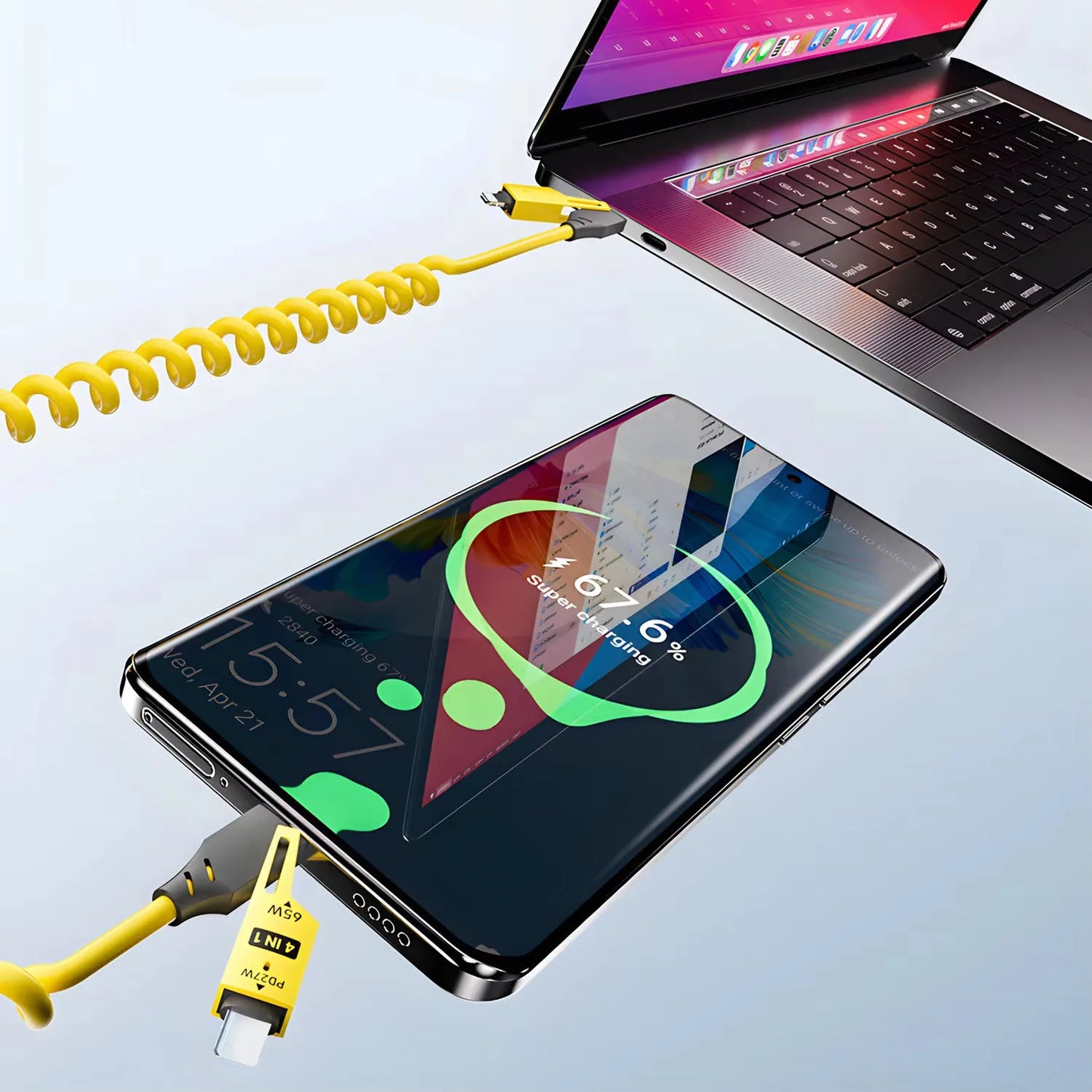 65W 4 in 1 Spring Telescopic USB-C Quick Charger Cable for iPhone, iPad, MacBook