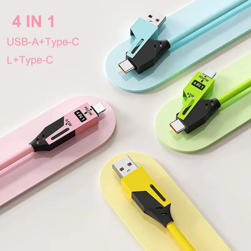 65W 4 in 1 Spring Telescopic USB-C Quick Charger Cable for iPhone, iPad, MacBook
