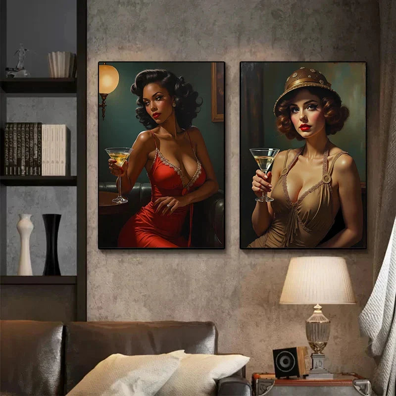 Sexy Woman with Wine Pop Art Canvas Painting | Vintage Wall Decor