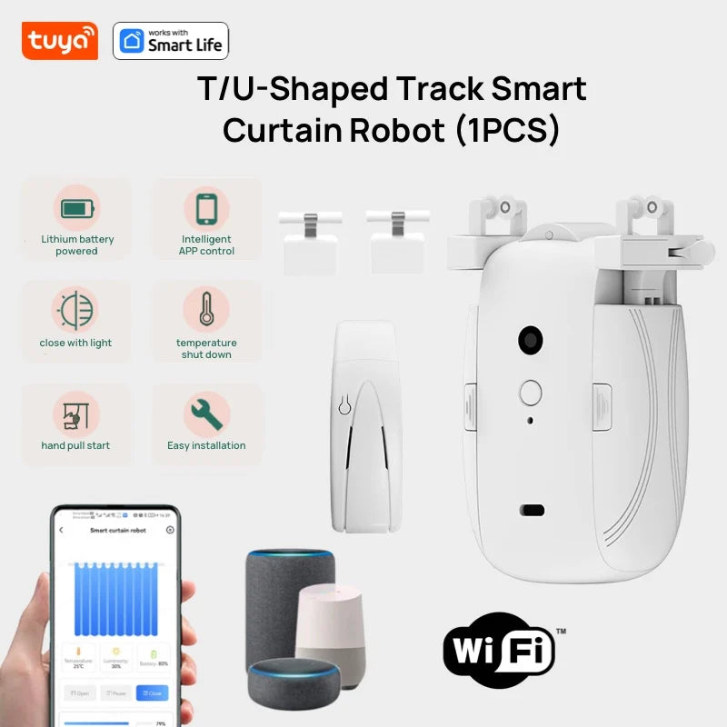 Tuya Smart Curtain Robot WiFi APP Remote Control/Voice Control(Alexa Google Siri)ForTU-Rail shaped Track,Pull-to-start,8KG load