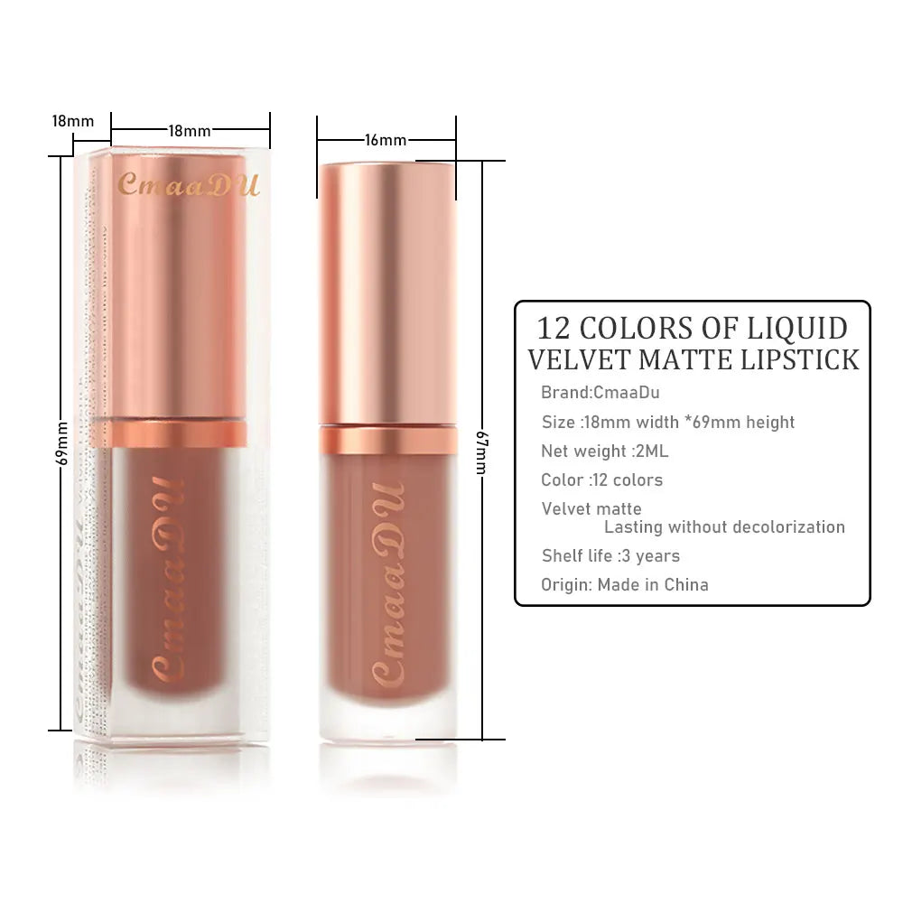 12 Color Long Lasting Velvet Matte Lip Gloss | Waterproof & Nonstick