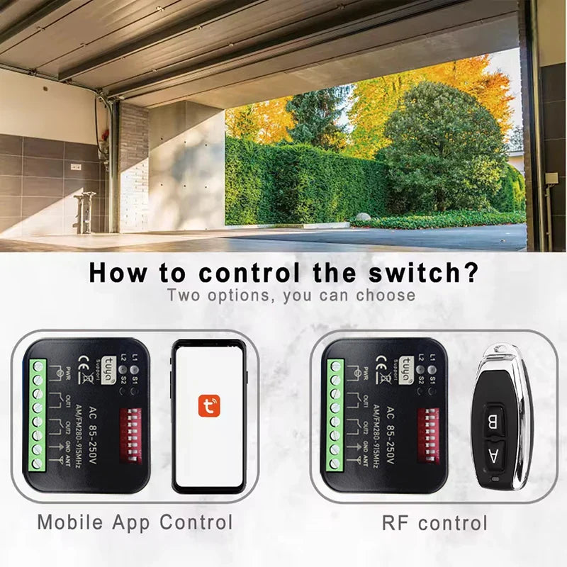 Universal Tuya WiFi Smart Garage Door Opener, 9-30V/85-250V, 433-868 MHz