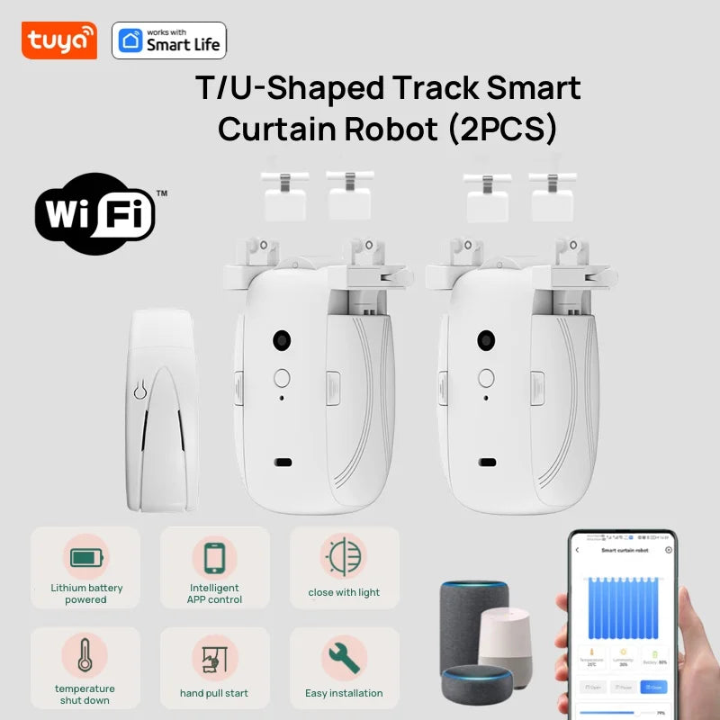 Tuya Smart Curtain Robot WiFi APP Remote Control/Voice Control(Alexa Google Siri)ForTU-Rail shaped Track,Pull-to-start,8KG load