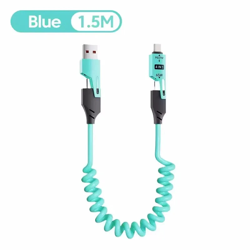 65W 4 in 1 Spring Telescopic USB-C Quick Charger Cable for iPhone, iPad, MacBook