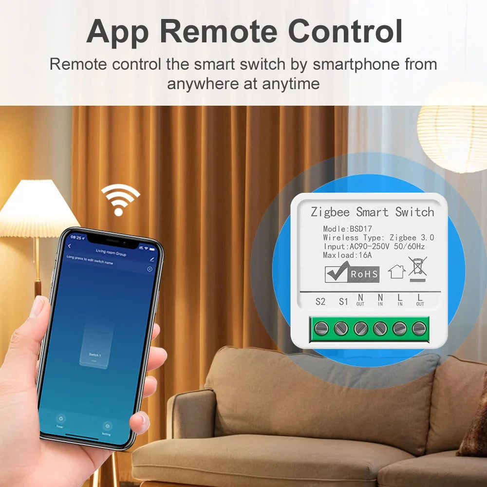Zigbee2MQTT Zigbee3.0 Mini Smart Light Switch - 2 Way 16A Module, Google Home Compatible