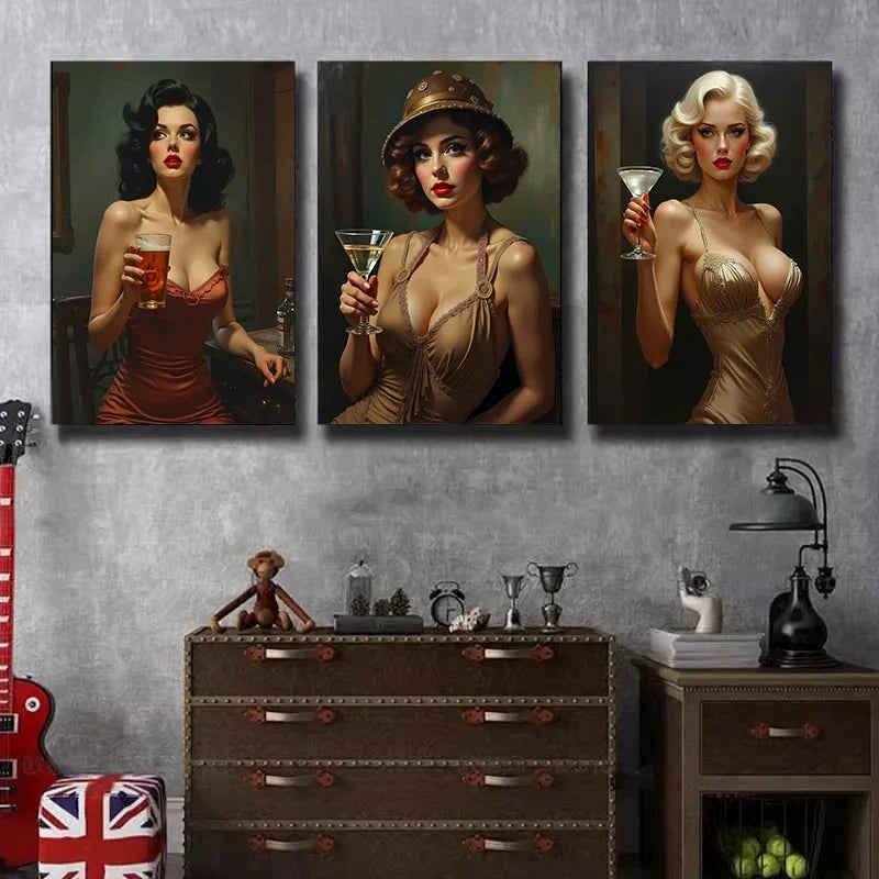 Sexy Woman with Wine Pop Art Canvas Painting | Vintage Wall Decor