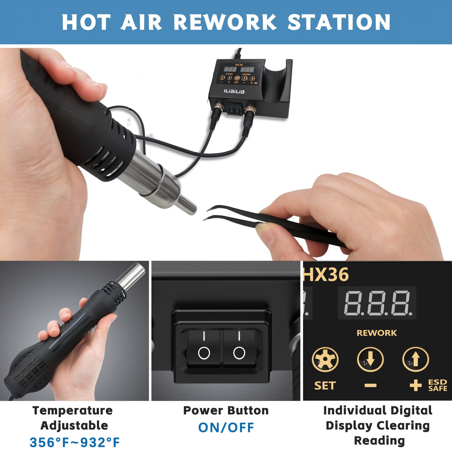 2-in-1 Soldering Station with 60W Iron & 600W Hot Air, LED Display