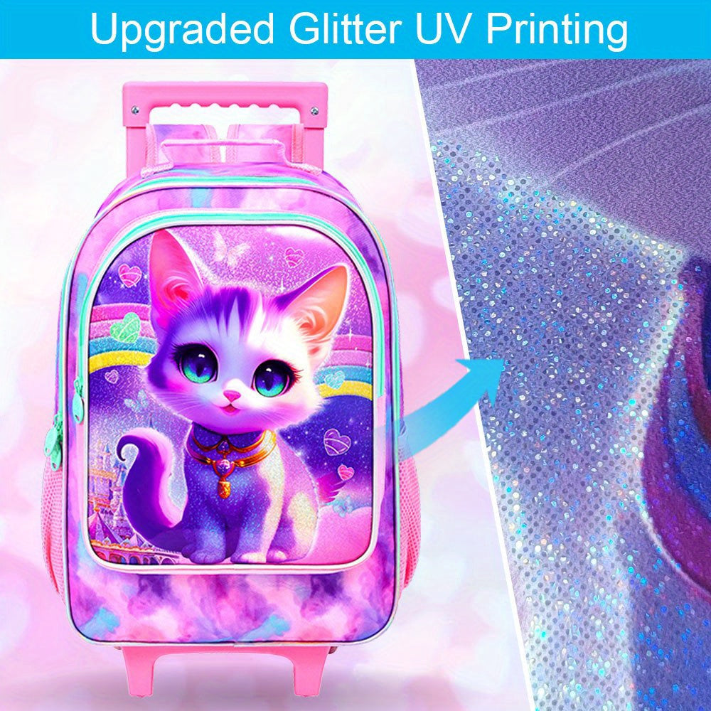 3pcs Rolling Foldable Lightweight Backpack for Girls - Kids Roller Wheeled Bookbag with Lunch Box - Pink Cat Design