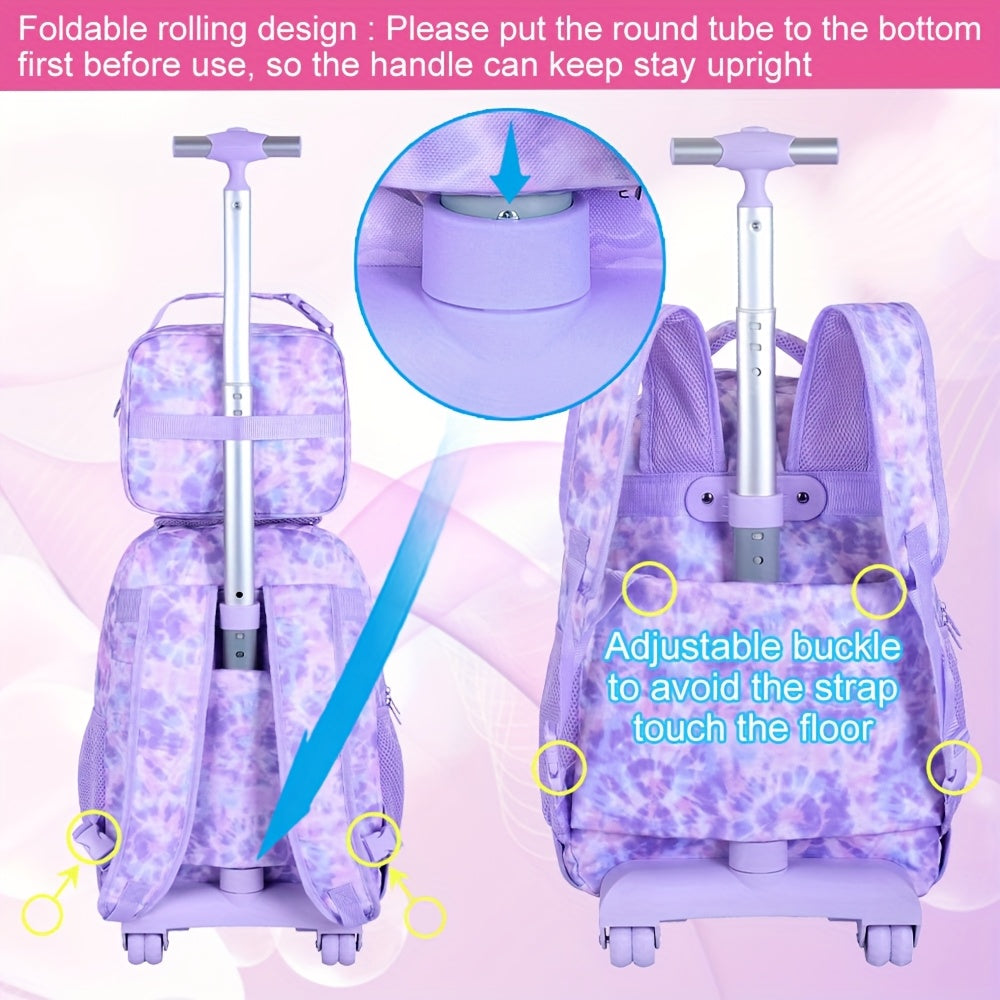 UFNDC Rolling Backpack for Girls & Women - Stylish Purple Tie-Dye Wheeled Bookbag with Lunch Bag