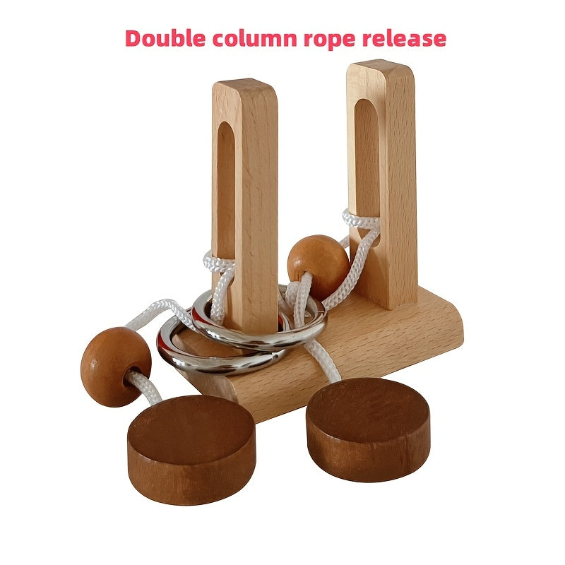 6pcs Wooden Topological Puzzle Rope Untying Game Set with Pillars and Building Blocks