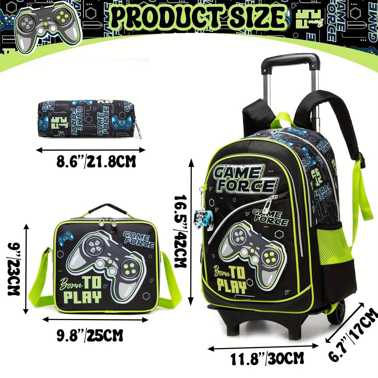 Boy's Rolling Backpack Set - 3pcs 16.5 Inch Kids Travel Luggage with Wheels for School & Travel