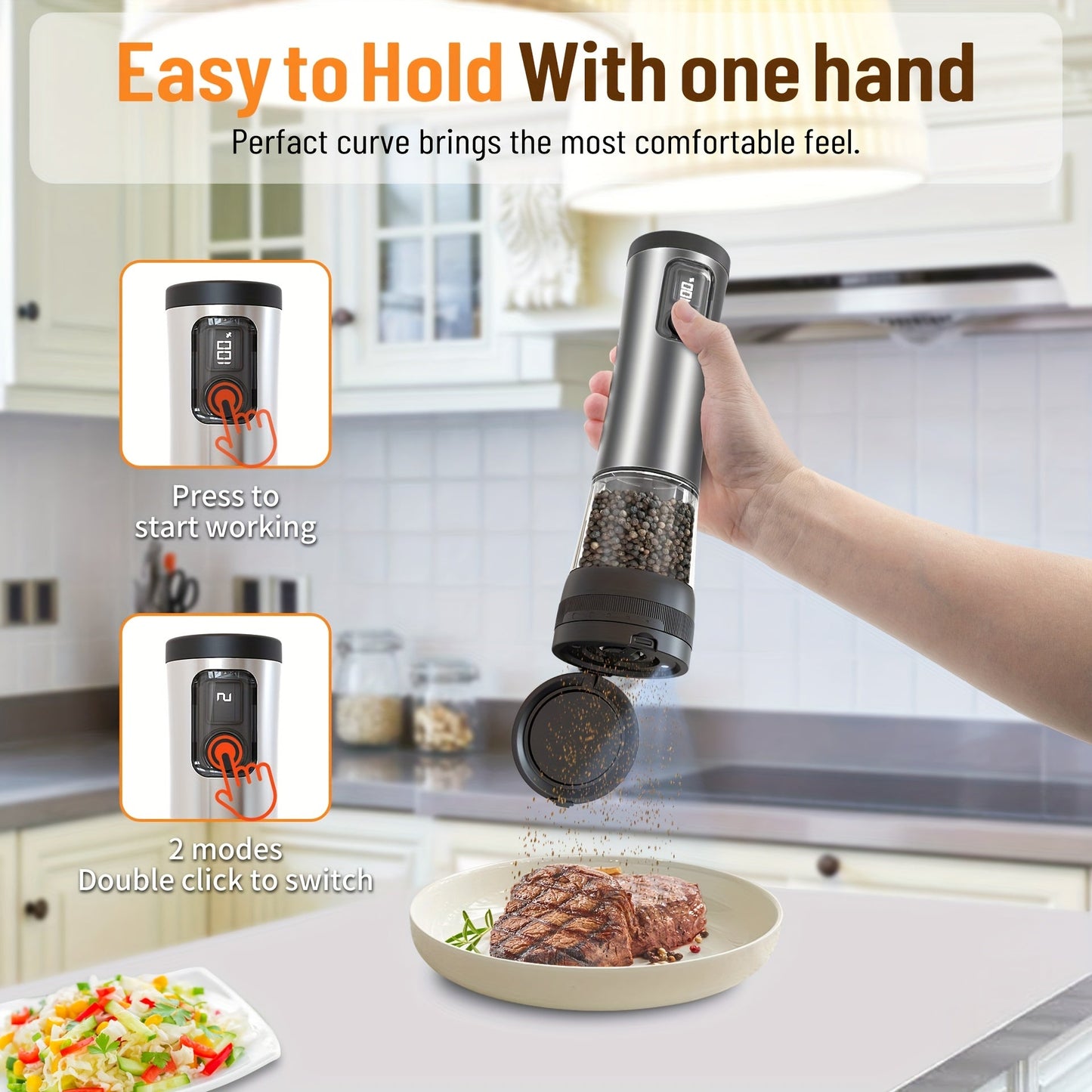 Stainless Steel Electric Pepper Salt Grinder Set with LED, USB Charging