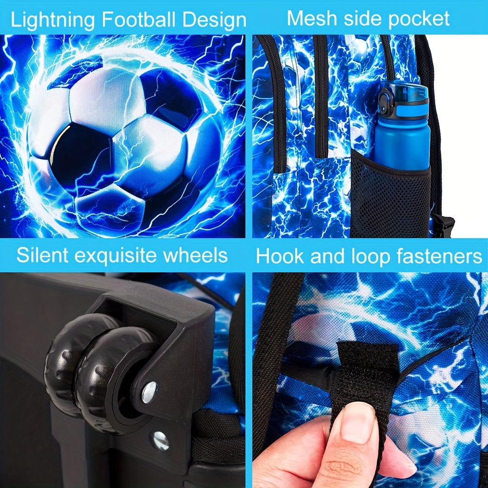 3pcs Boys' Rolling Backpack with Wheels - Cartoon Football Design, Adjustable Straps | Perfect for School & Kindergarten