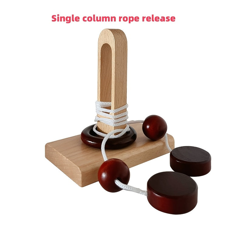 6pcs Wooden Topological Puzzle Rope Untying Game Set with Pillars and Building Blocks