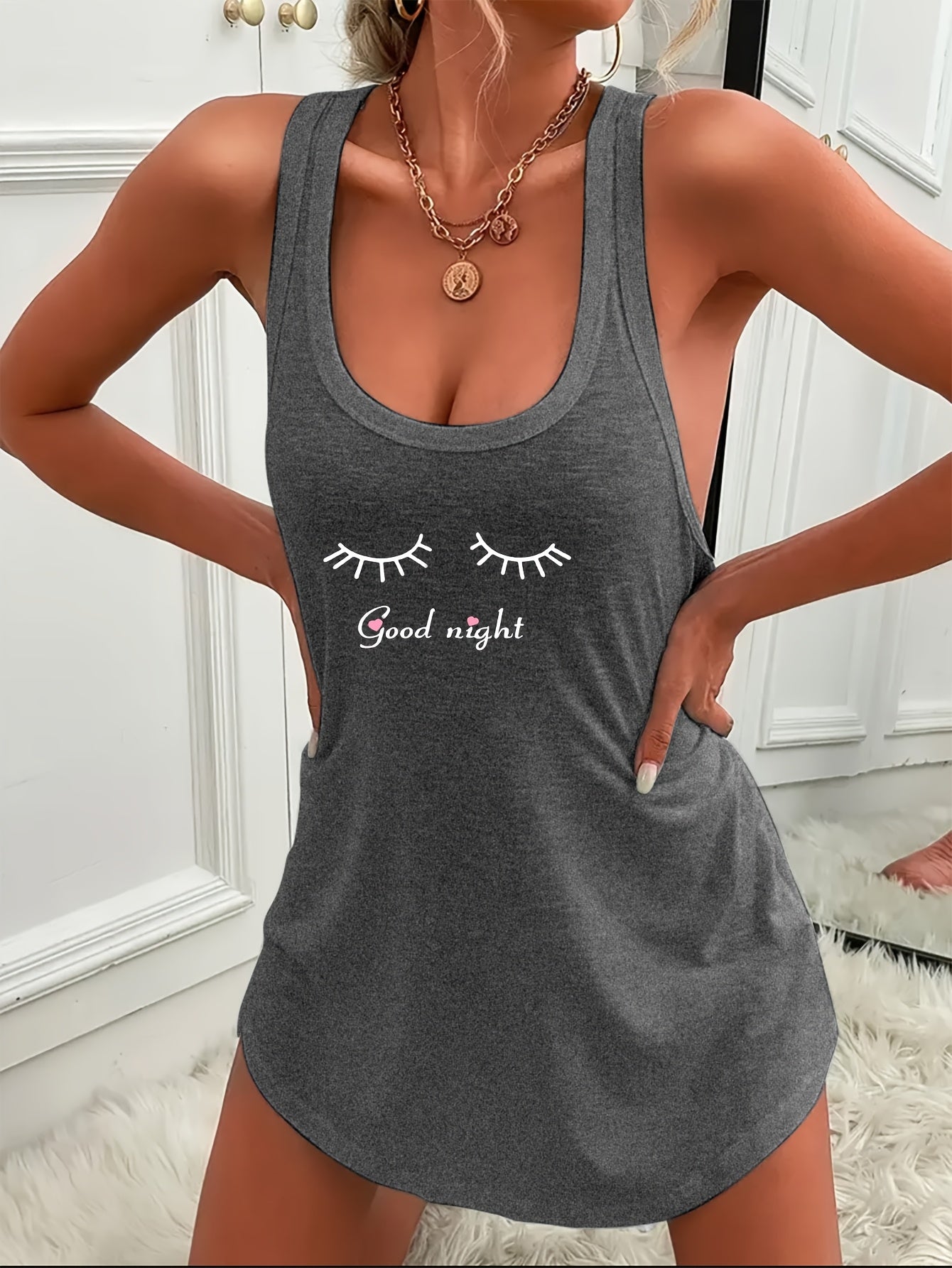 Women's Sexy Sleeveless Nightdress with 'Good Night' Print - Scoop Neck Sleepwear for Spring, Summer, Fall