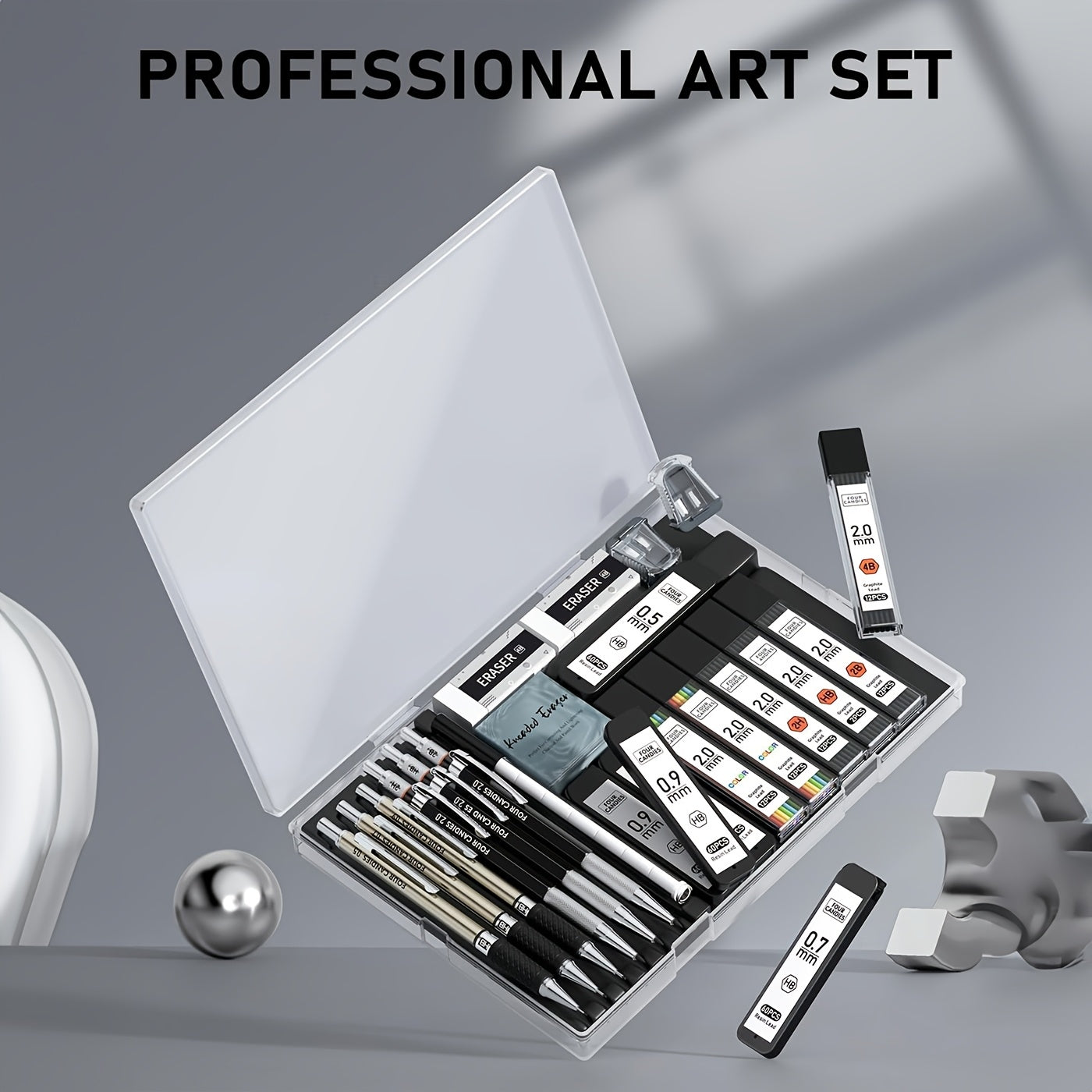 Art Mechanical Pencil Set - 25pcs with Case, 0.5, 0.7, 0.9mm & 2mm Lead Holders