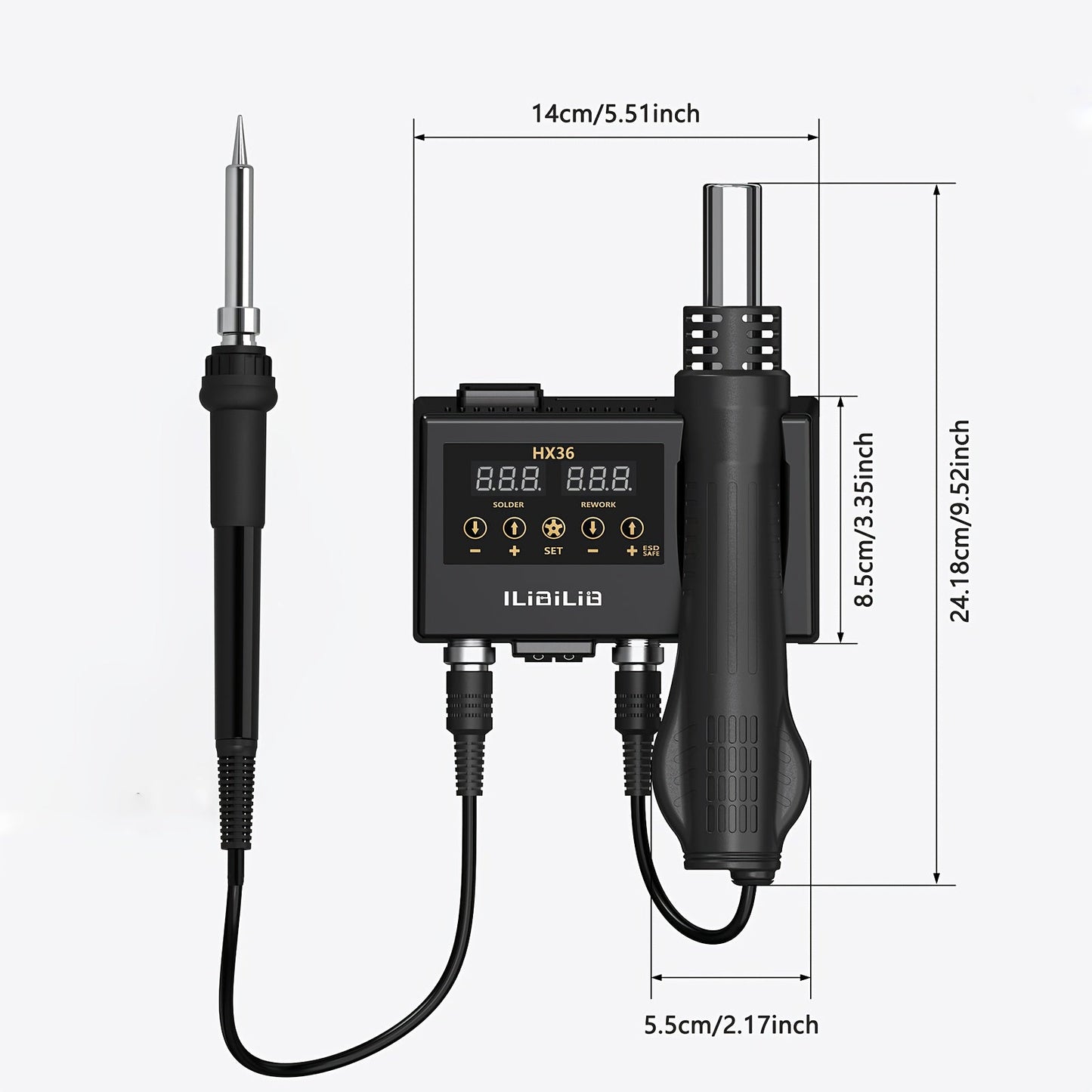 2-in-1 Soldering Station with 60W Iron & 600W Hot Air, LED Display