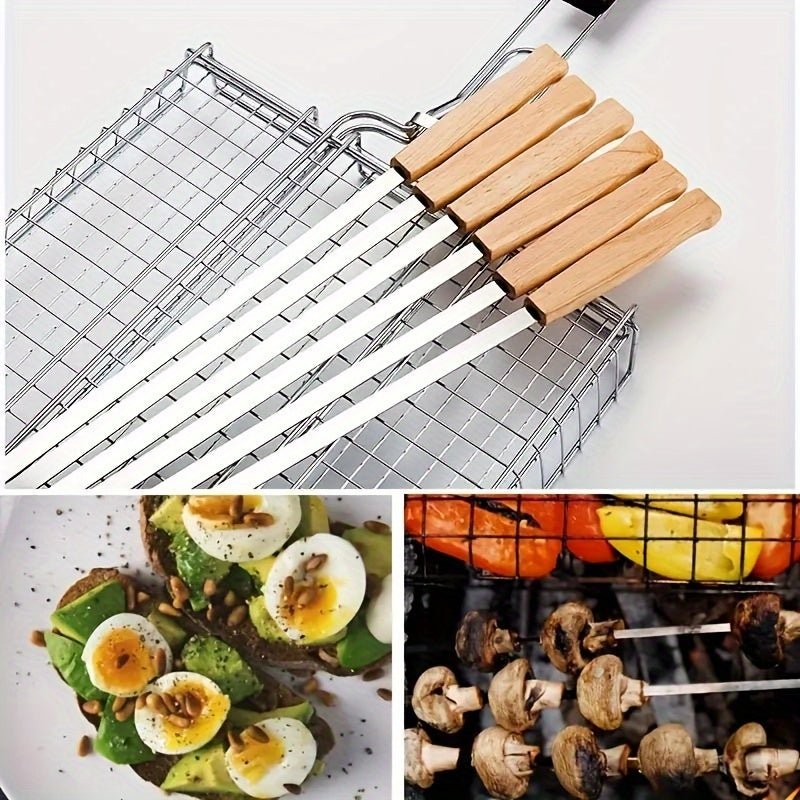 Premium 8-Pack Stainless Steel BBQ Skewers with Wooden Handles for Outdoor Grilling