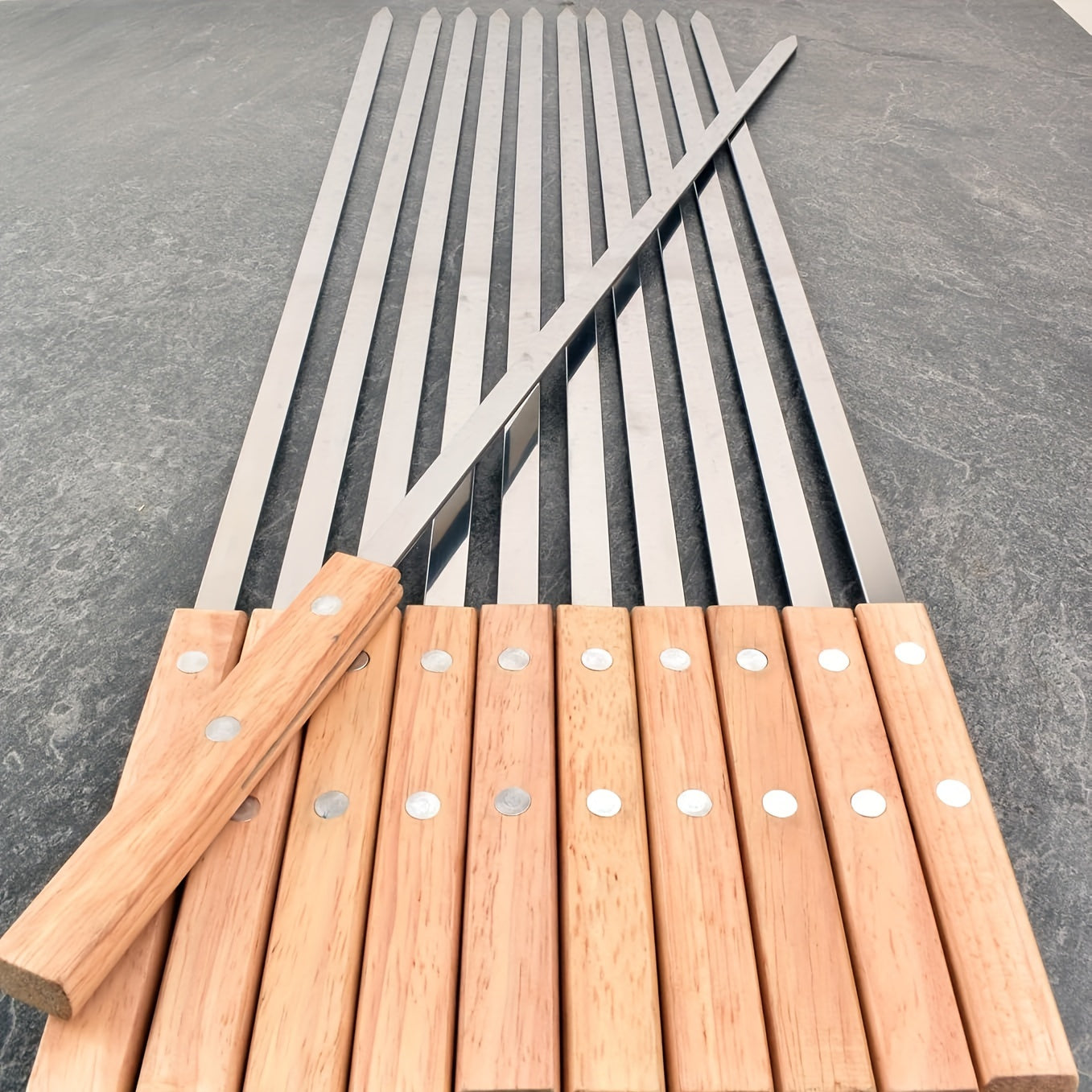 Heavy Duty Stainless Steel BBQ Skewers with Wooden Handles | Durable Outdoor Grill Utensils
