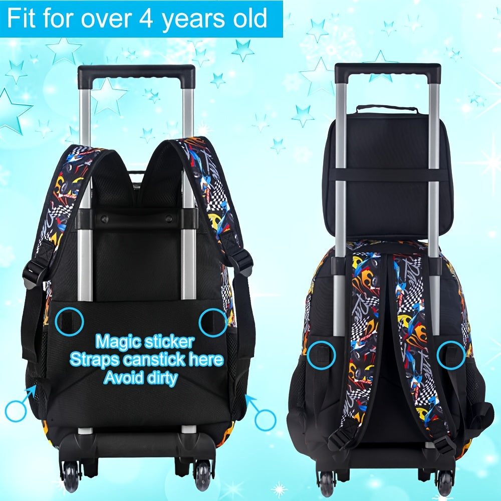 3pcs Car Rolling Bookbag for Boys, Kids School Backpack with Wheels, Polyester, Lightweight, Sports Style
