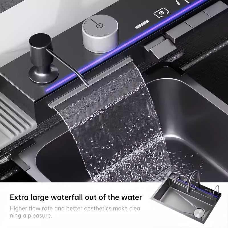 Musurjoy Black Stainless Steel Kitchen Sink with Waterfall Faucet & Accessories - 75x45 cm, Contemporary, Freestanding