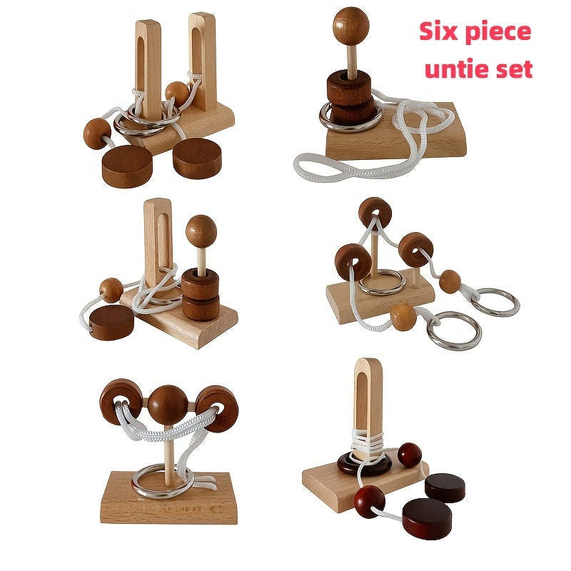 6pcs Wooden Topological Puzzle Rope Untying Game Set with Pillars and Building Blocks