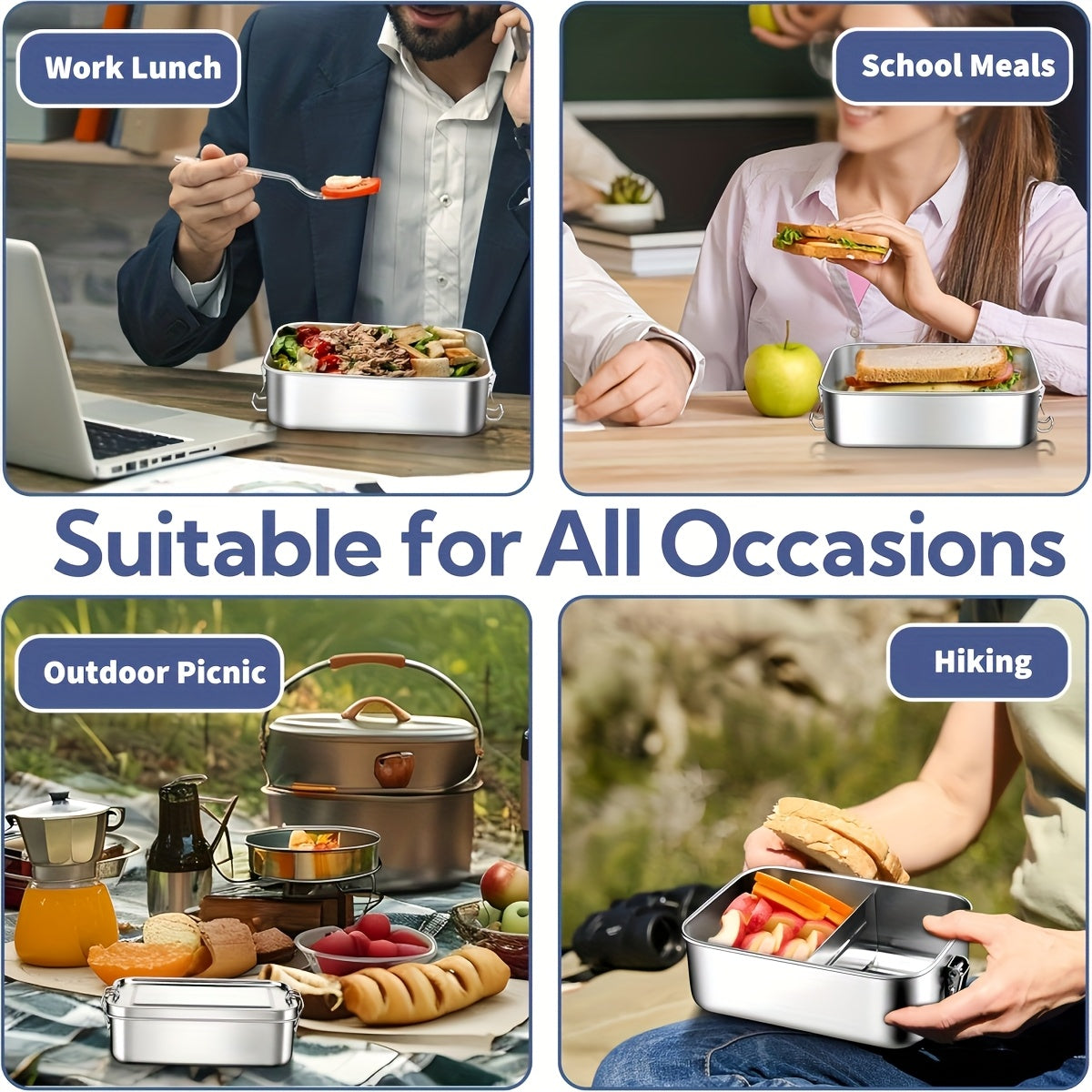 304 Stainless Steel Leak-Proof Lunch Box with Dividers - 1400ml/850ml, Oven & Refrigerator Safe