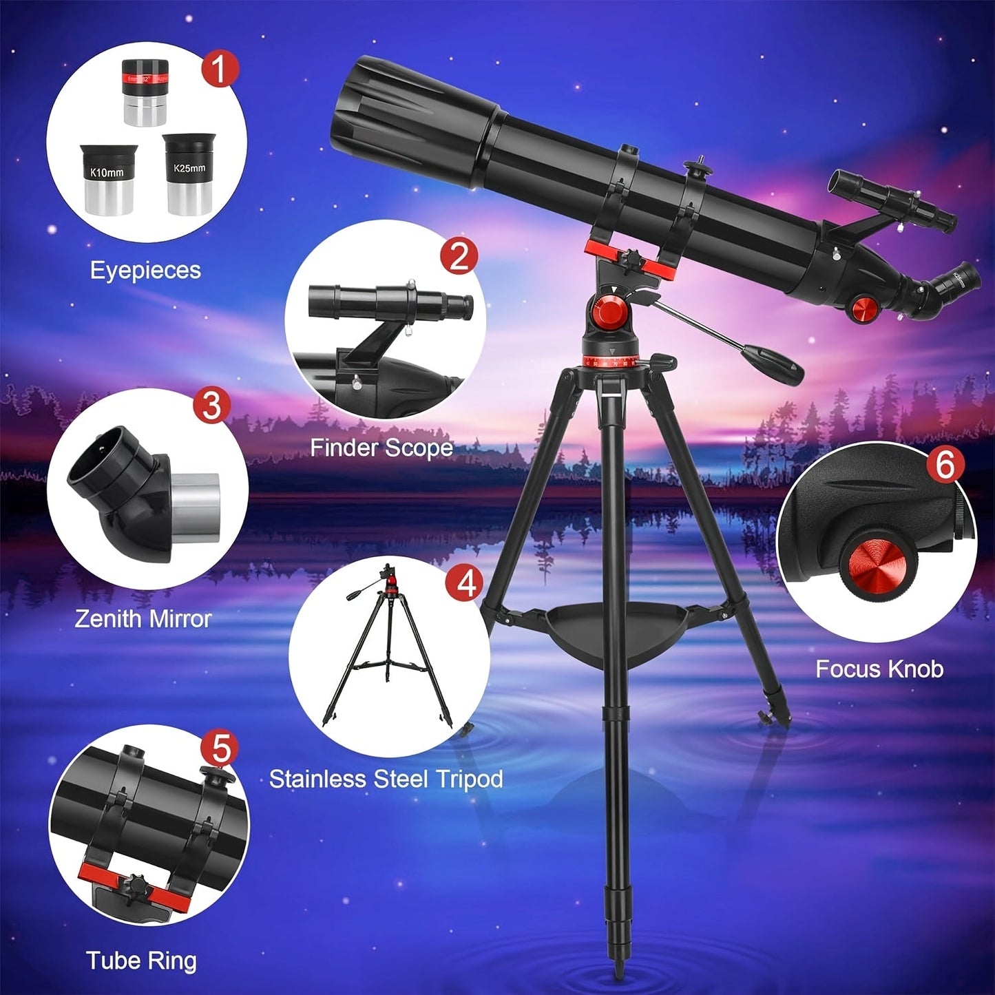 450x Magnification Refractor Telescope, 90mm Aperture with AZ Mount & Phone Holder - Ideal for Stargazing & Bird Watching - Perfect Gift