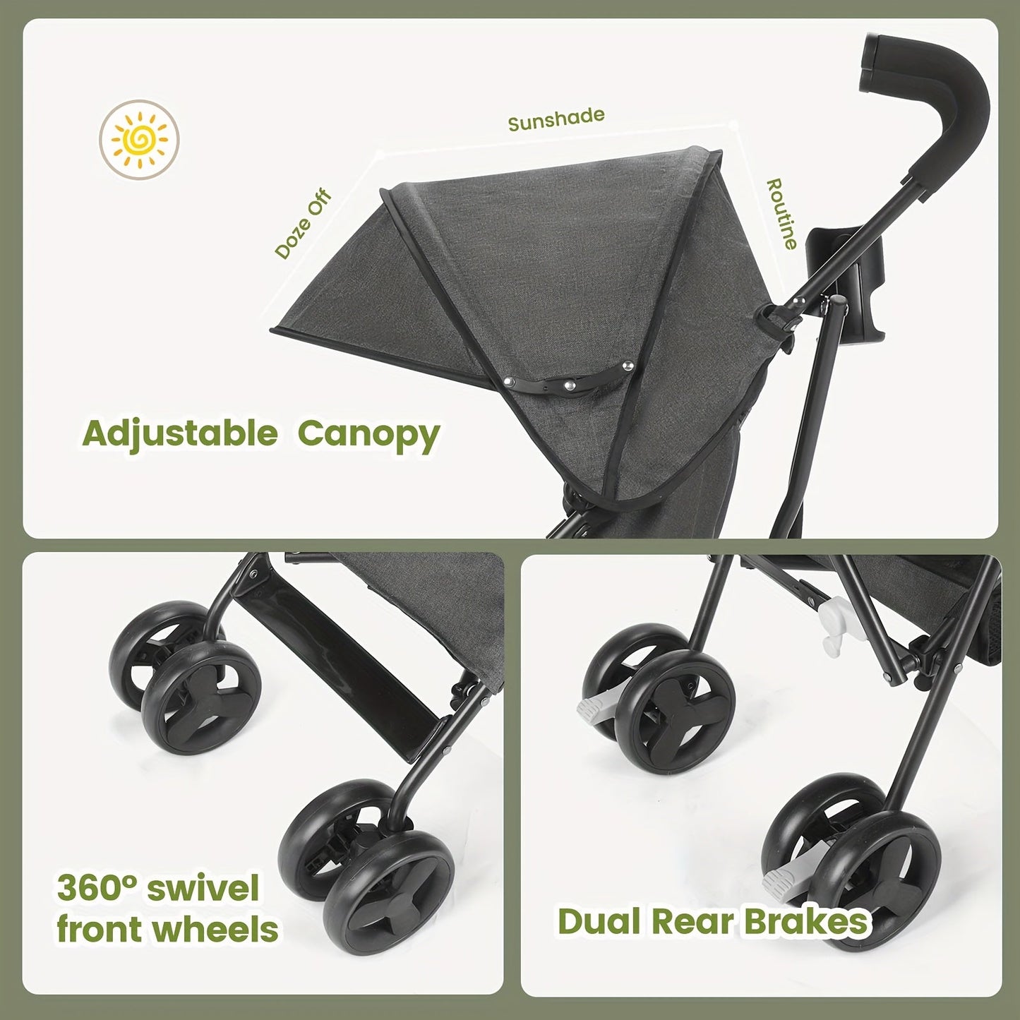 Lightweight Foldable Baby Travel Stroller with Secure 5-Point Harness & Sun Canopy