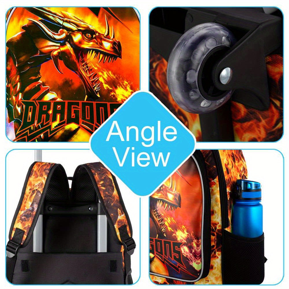 AGSDON Fire Dragon Wheeled Backpacks for Kids - Durable, Playful Design, Perfect for School & Travel
