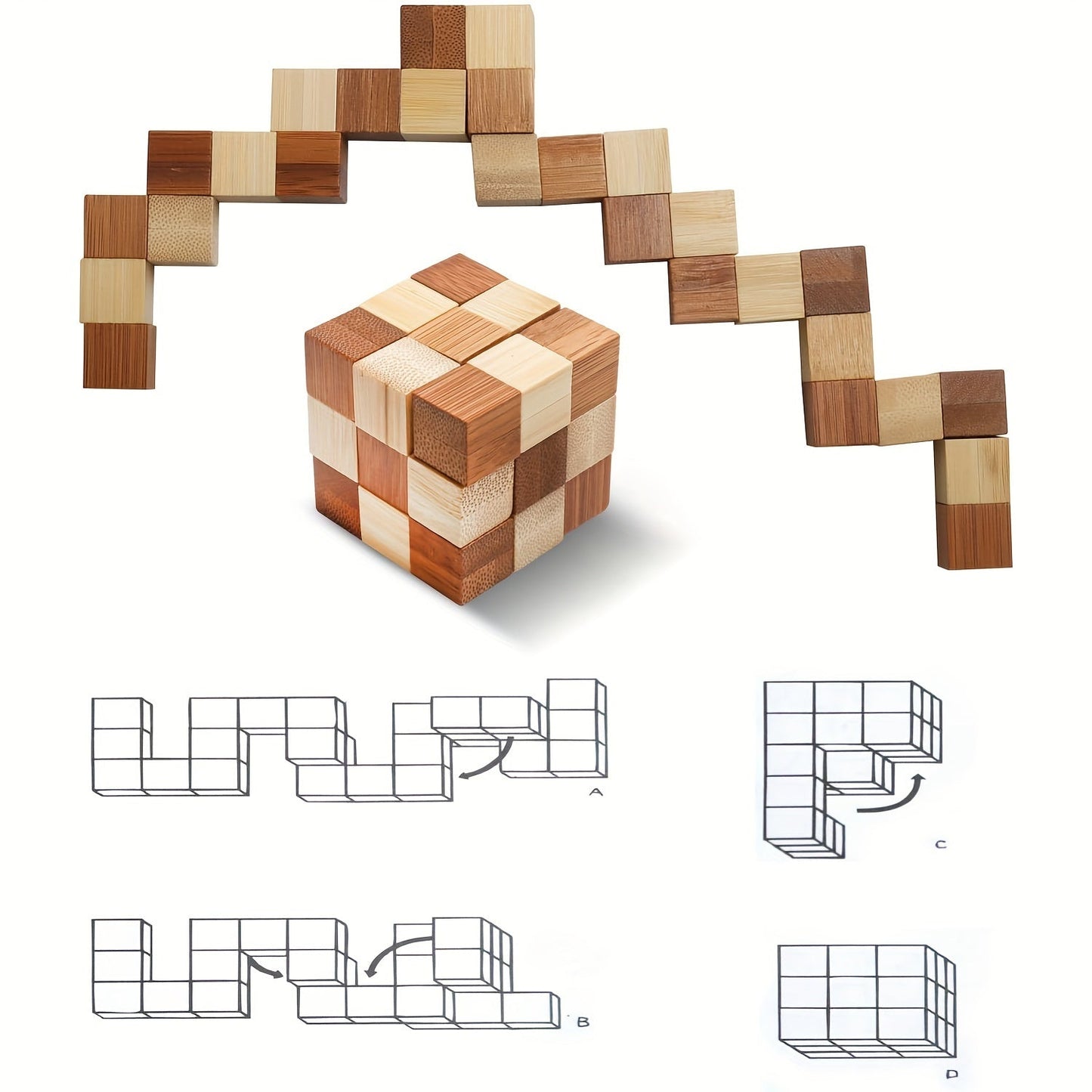 4pcs Wooden 3D Puzzle Brain Teasers | Logic Games for Teens & Adults