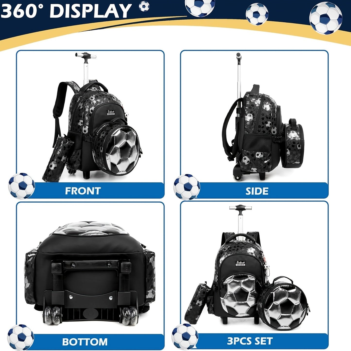 Durable Boys' Rolling Backpack with Cartoon Football Design and Adjustable Straps
