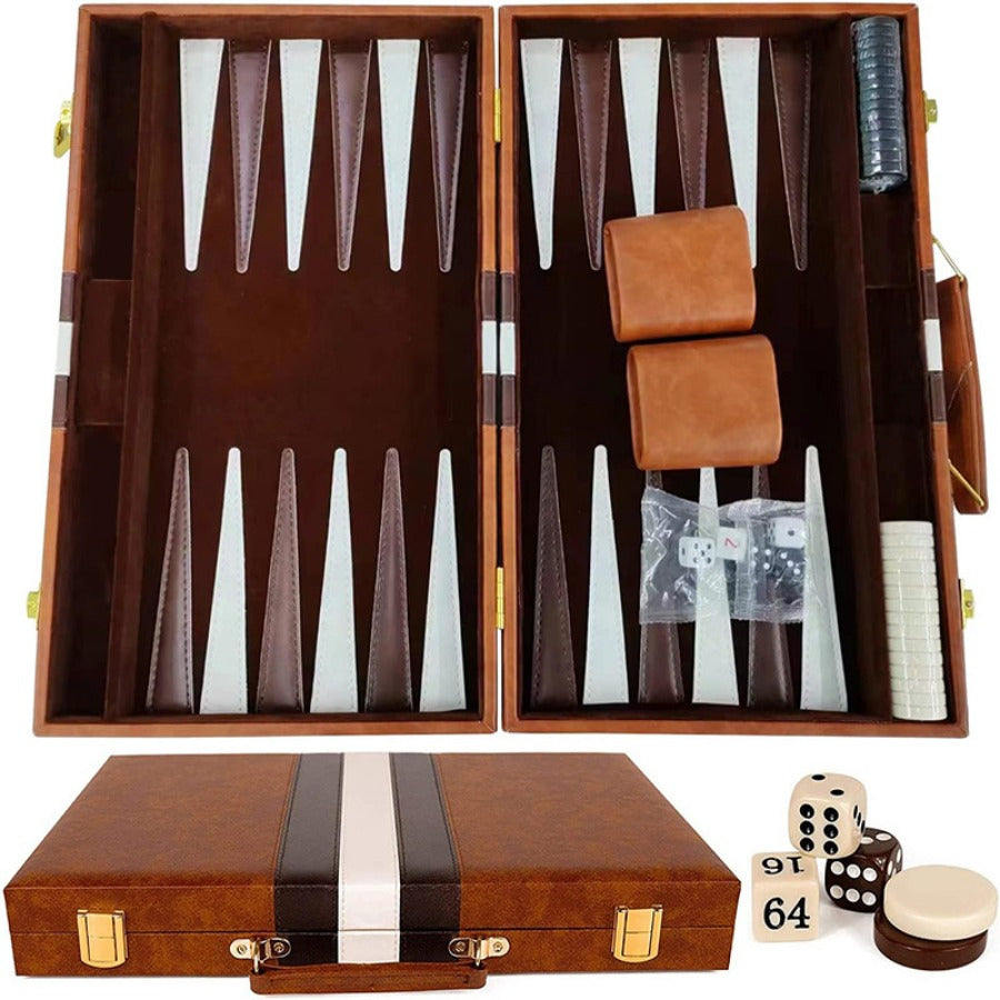 Classic 15-inch Backgammon Set with Folding Board & Leather Case