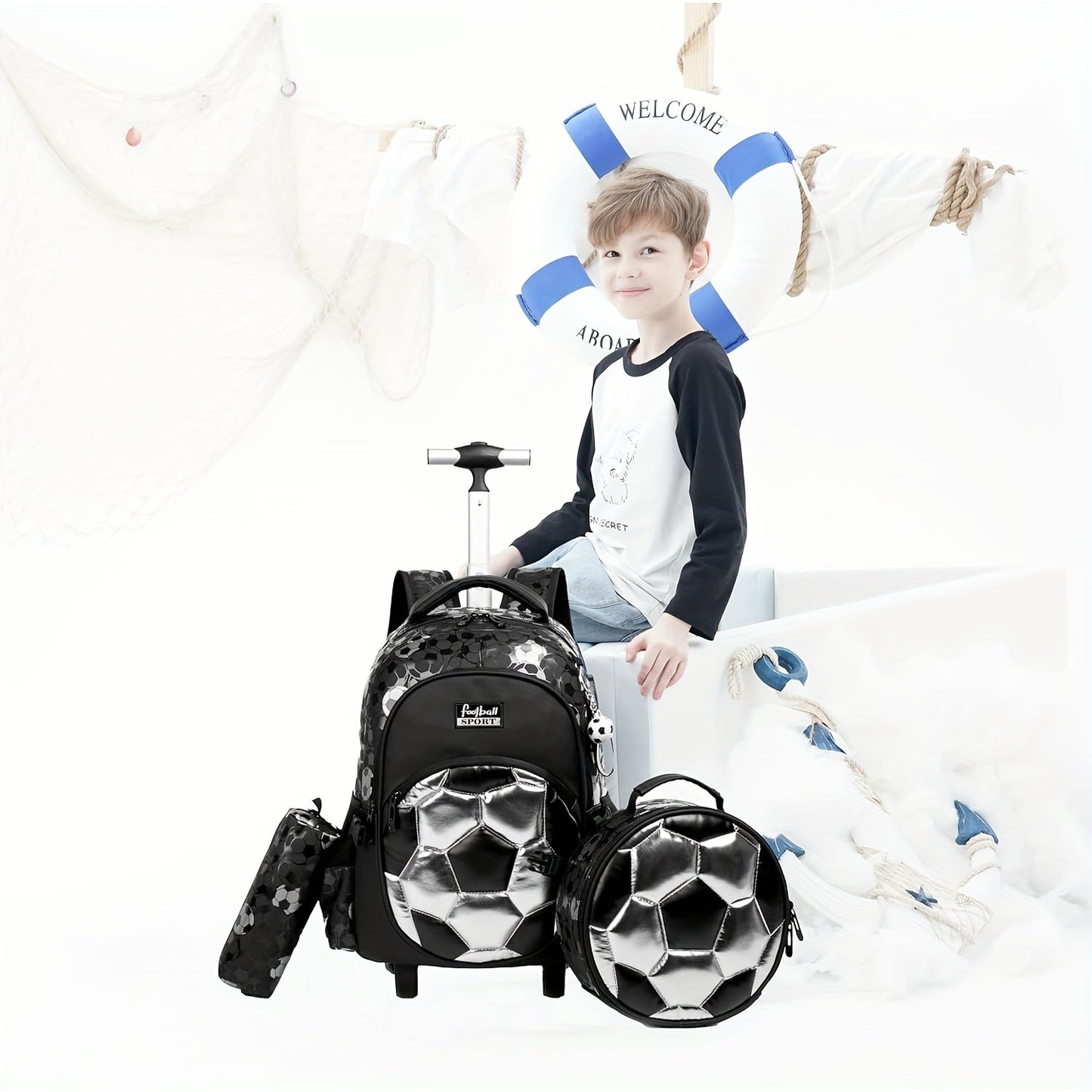 Durable Boys' Rolling Backpack with Cartoon Football Design and Adjustable Straps