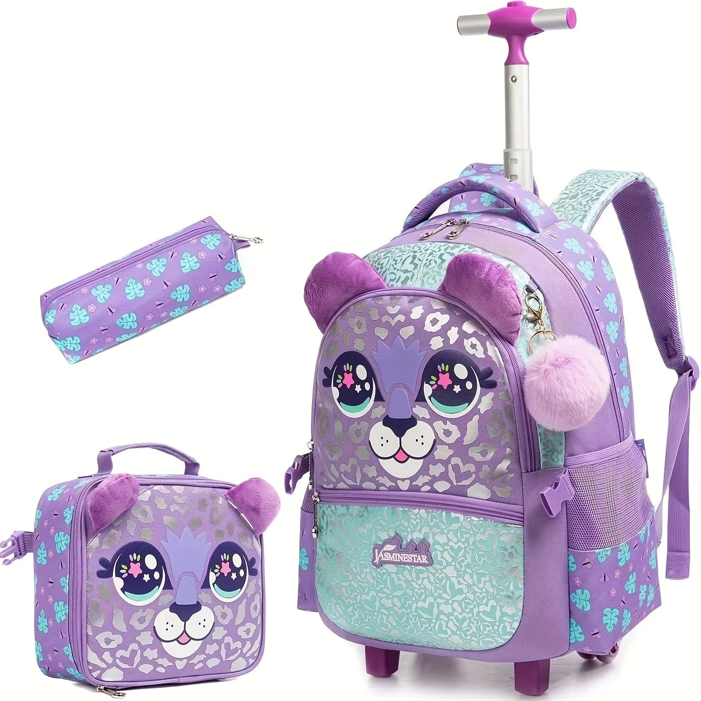 3pcs Rolling Backpack for Girls - School Bag with Wheels & Lunch Bag - Student Luggage & Bookbag Set