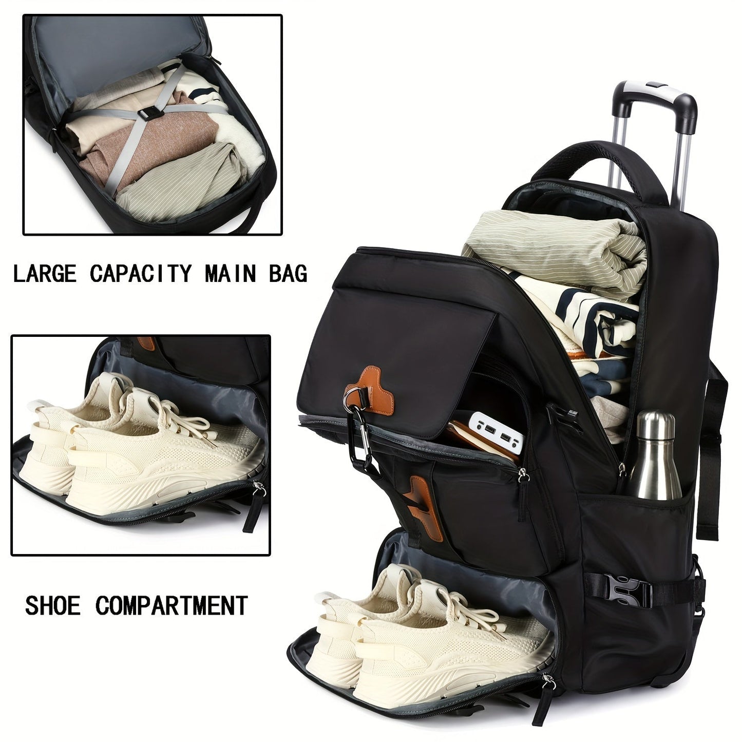 17-Inch Rolling Backpack with Wheels for Men | Beige & Black | Travel Laptop Bag with Shoe Compartment | Adjustable Straps | Multiple Pockets | School & Business