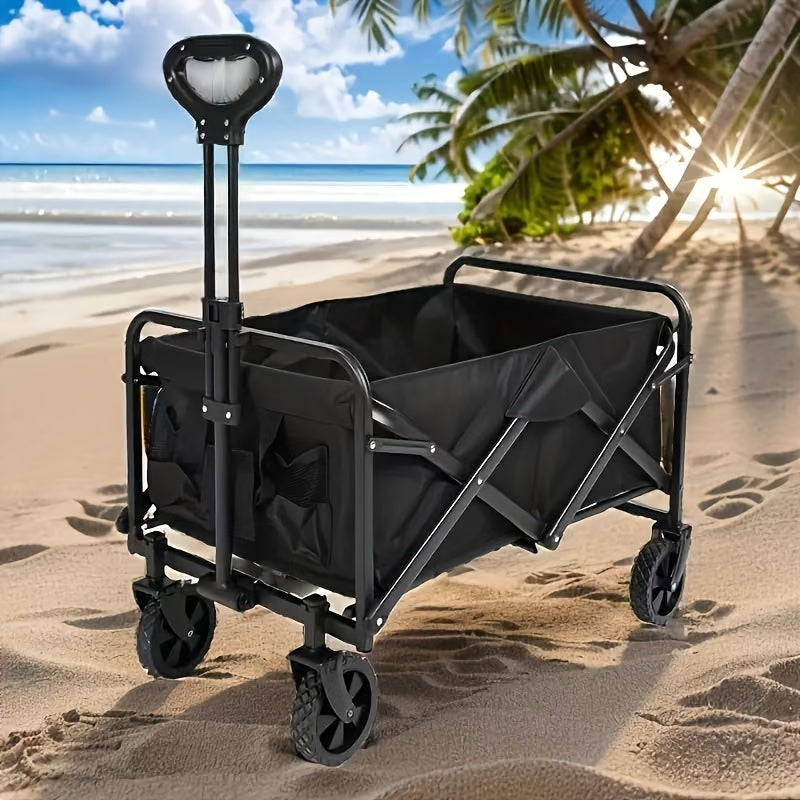 Heavy-Duty Steel Folding Cart with Large Wheels, Side Pockets, and Brakes - Perfect for Beach, Camping, and Outdoor Activities