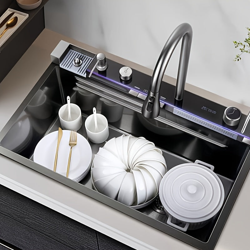 Musurjoy Black Stainless Steel Kitchen Sink with Waterfall Faucet & Accessories - 75x45 cm, Contemporary, Freestanding