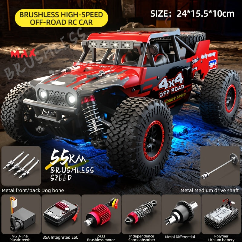 2025 Red Off-Road RC Toy Car - Brushless Motor, 55Km/h, Rechargeable, LED, Space Theme