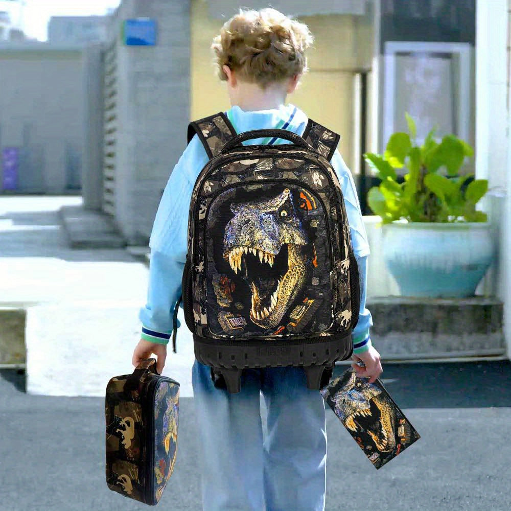 3pcs CCJPX Men's Dinosaur Backpack with Wheels - Large Capacity, Lightweight Travel Roller Bookbag for Commuting & Travel