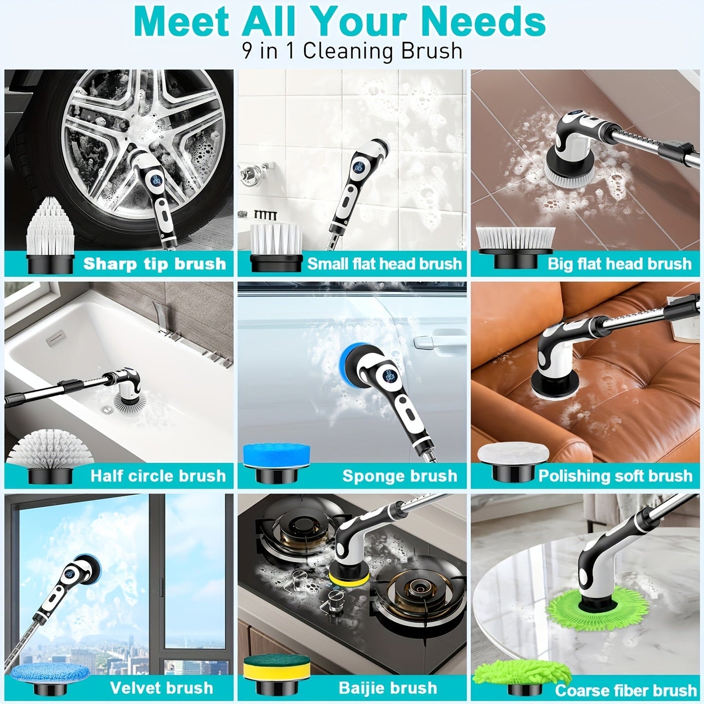11pcs Electric Rotating Floor Brush Set - Wireless & Rechargeable with 11 Heads