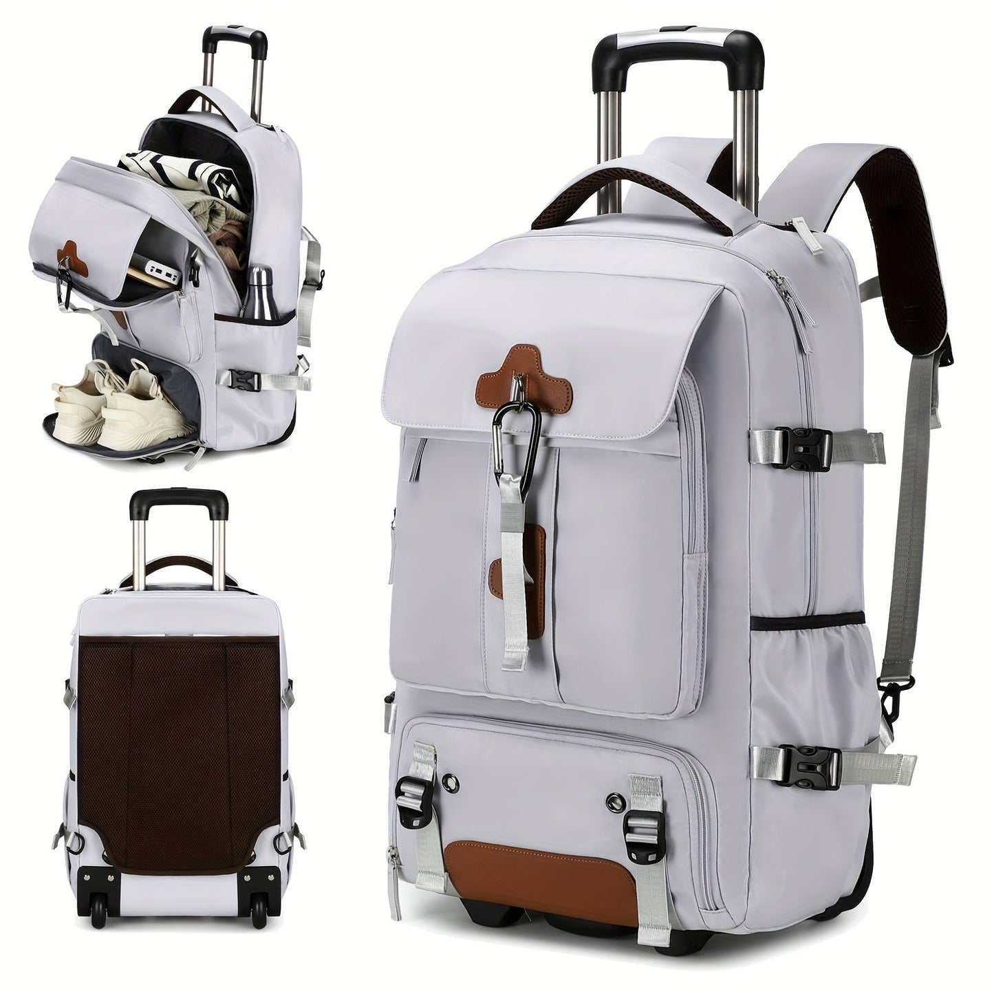 17-Inch Rolling Backpack with Wheels for Men | Beige & Black | Travel Laptop Bag with Shoe Compartment | Adjustable Straps | Multiple Pockets | School & Business