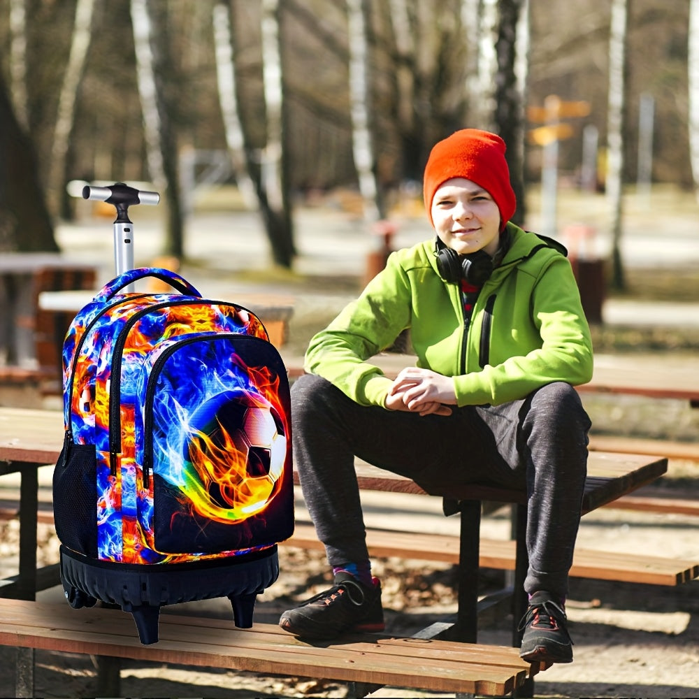 3pcs Boys' Rolling Backpack with Wheels - Cartoon Football Design, Adjustable Straps | Perfect for School & Kindergarten