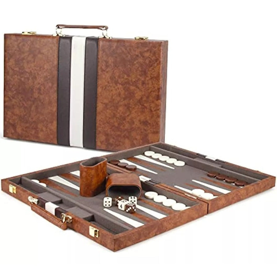Classic 15-inch Backgammon Set with Folding Board & Leather Case