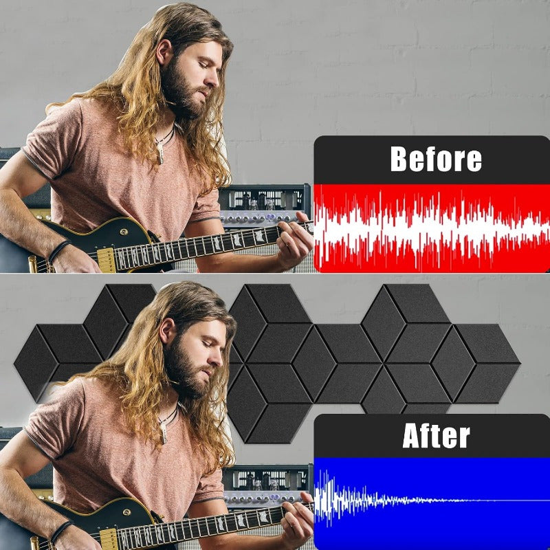 12pcs Self-Adhesive Acoustic Panels - High Density Soundproof Foam, Flame Resistant, Noise Absorbing & Echo Eliminating (Black/Dark Gray/White)