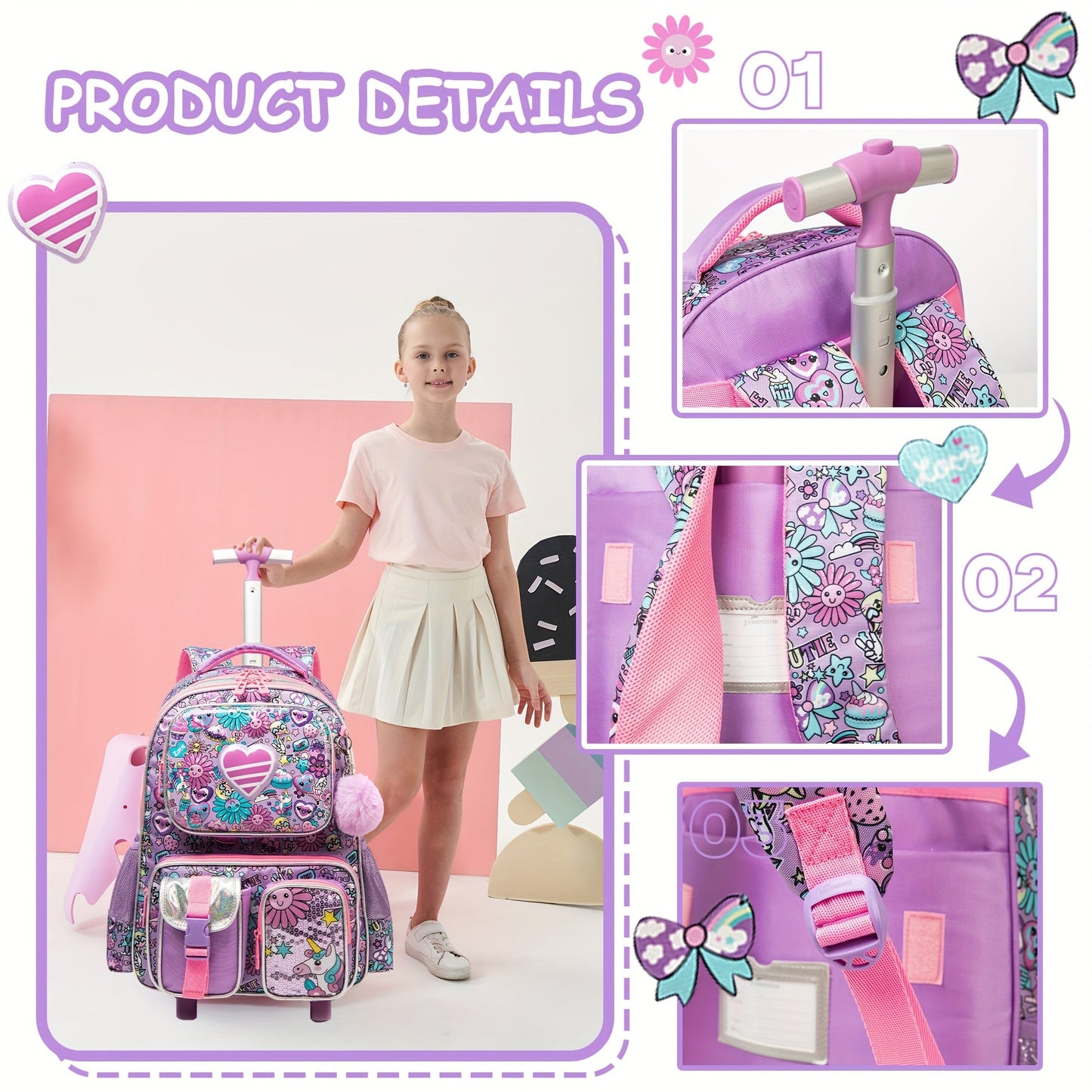 16.5" Kids Rolling Backpack Set - Wheeled Suitcase with Lunch Bag & Pencil Case for Ages 3+