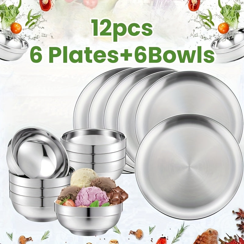 12pcs Stainless Steel Plates & Bowls Set - Insulated, Dishwasher Safe, Perfect for Camping & Gatherings