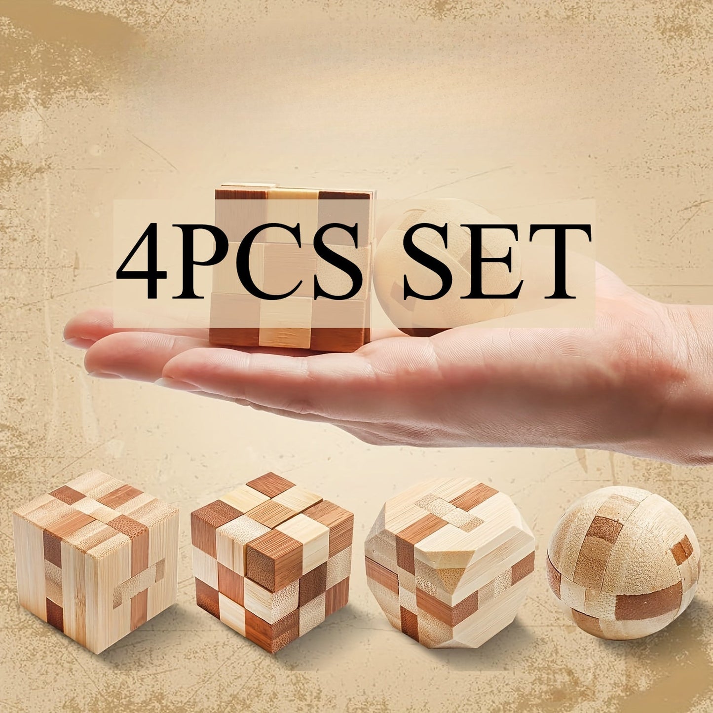 4pcs Wooden 3D Puzzle Brain Teasers | Logic Games for Teens & Adults