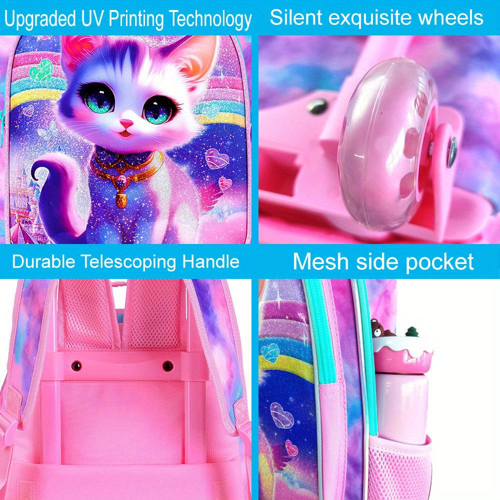 3pcs Rolling Foldable Lightweight Backpack for Girls - Kids Roller Wheeled Bookbag with Lunch Box - Pink Cat Design